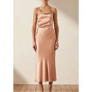 SHONA JOY LA LUNE ASYMMETRICAL BIAS COWL MIDI DRESS - DESERT ROSE size 2